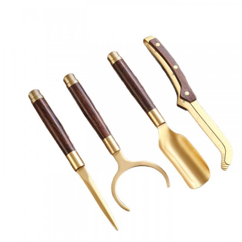 Premium Copper Wood Tea Ceremony Tools Set 5pcs Teapot Tongs Spoon Knife Needle Gongfu Brewing