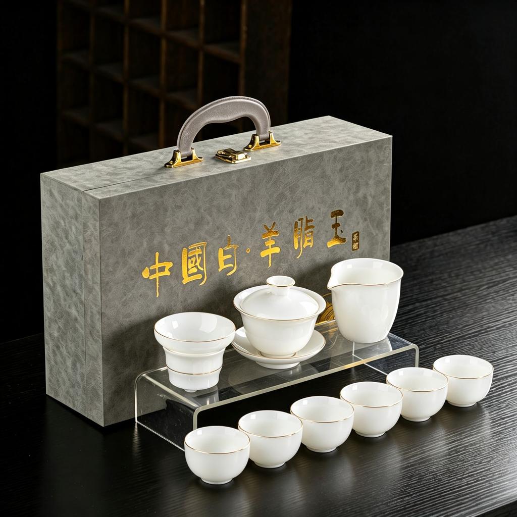 Dehua suet jade porcelain tea set is a complete set of gold-painted white porcelain household tea making utensils Company