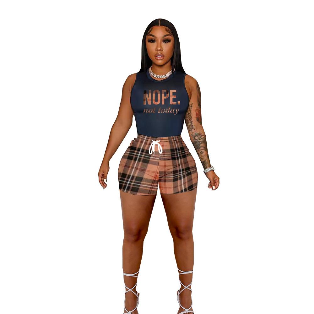 D6116 European and American hot-selling women's clothing, fashion casual vest shorts, slim-fit printed two-piece set