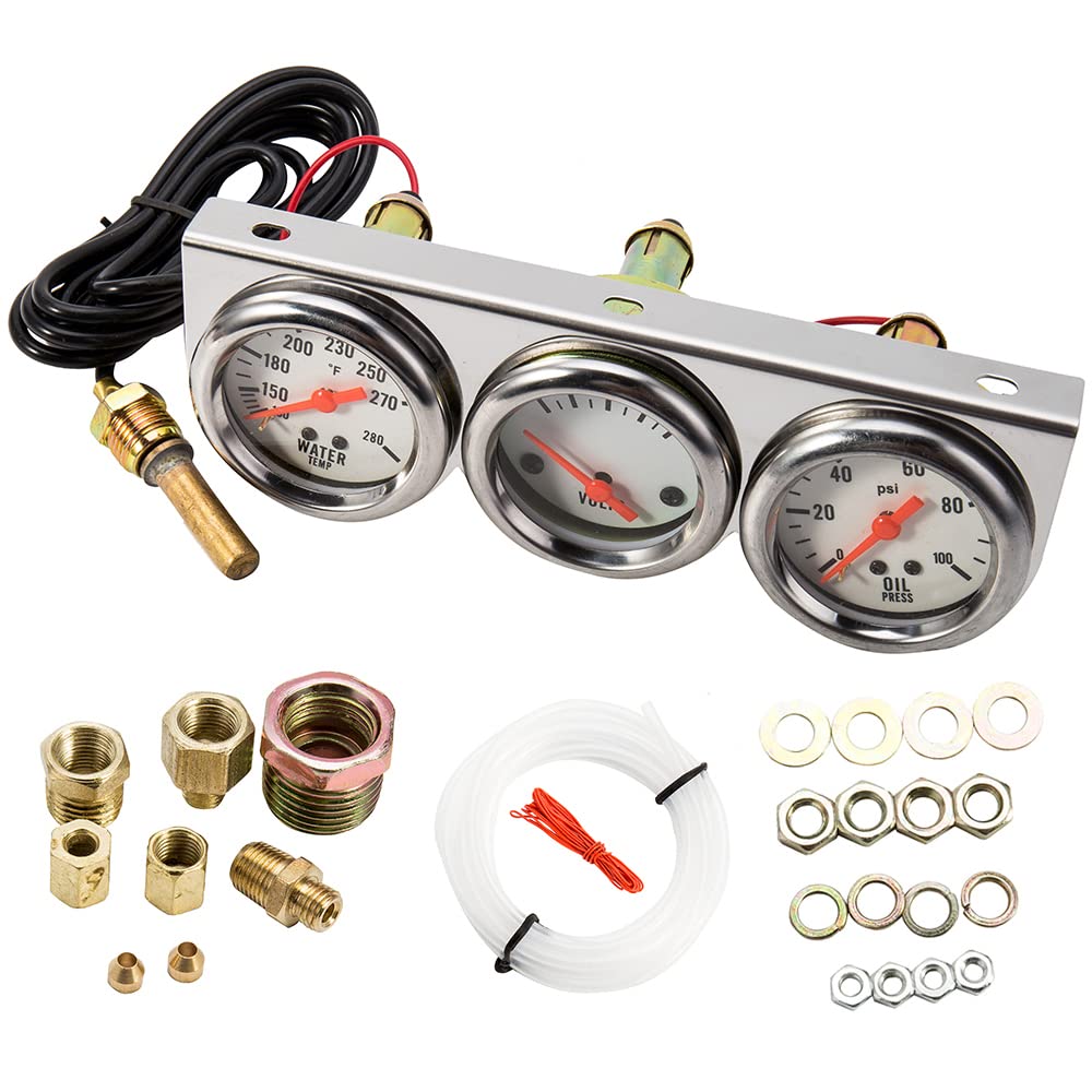 Triple Gauge Kit Oil/Volt/Water Gauge 2'' Universal Chorme Fahrenheit Water Temperature Temp Gauges Ammeter Gauges Set 3 in 1 Car Meter Auto (1)