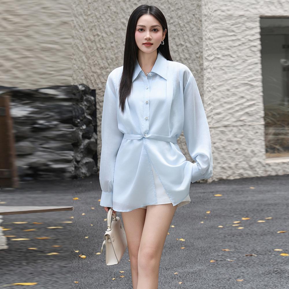 MIXMAX Casual Versatile Temperament Slimming Long-Sleeved Shirt Knitted Two-Piece Set