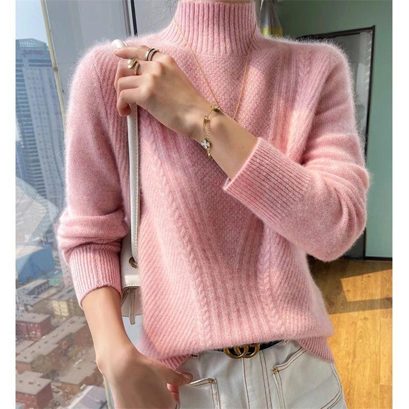 Модный женский кашемировый свитер, свободный трикотаж с длинным рукавом, однотонный пуловер с полувысоким воротником