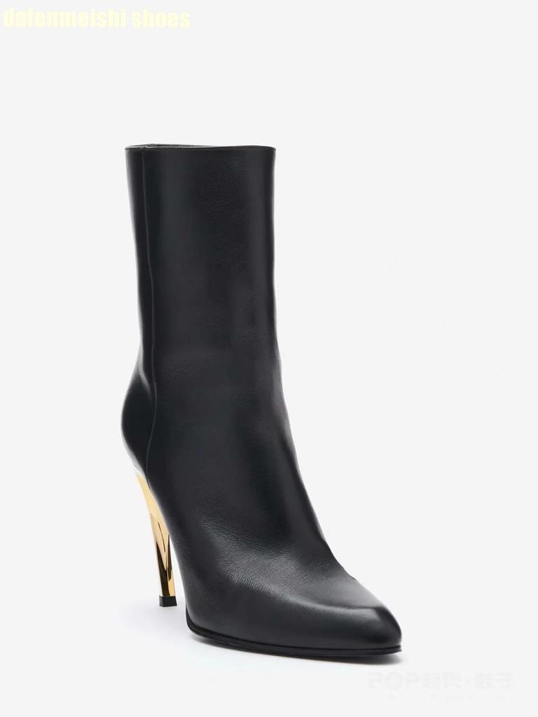 Metal Strange Style Stiletto High Heel Short Boots 2025 New Pointed Toe Mid-Calf Boots Side Zipper Black Women's Boots