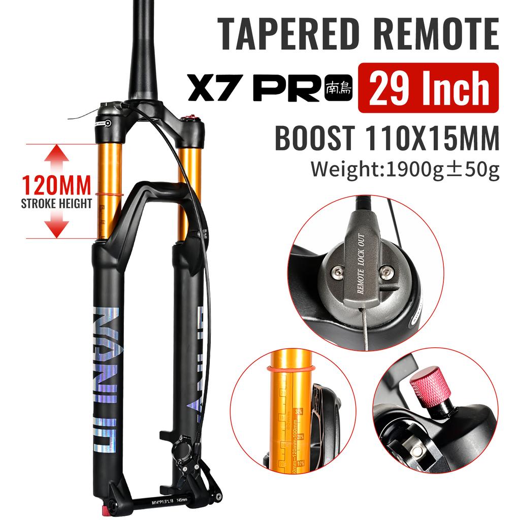 NANLIO X7 PRO Пружинно-воздушная вилка для горного велосипеда 26 27.5 29 дюймов Ход 120 140 мм Регулировка отскока Металлические втулки Черно-золотая вилка для велосипеда