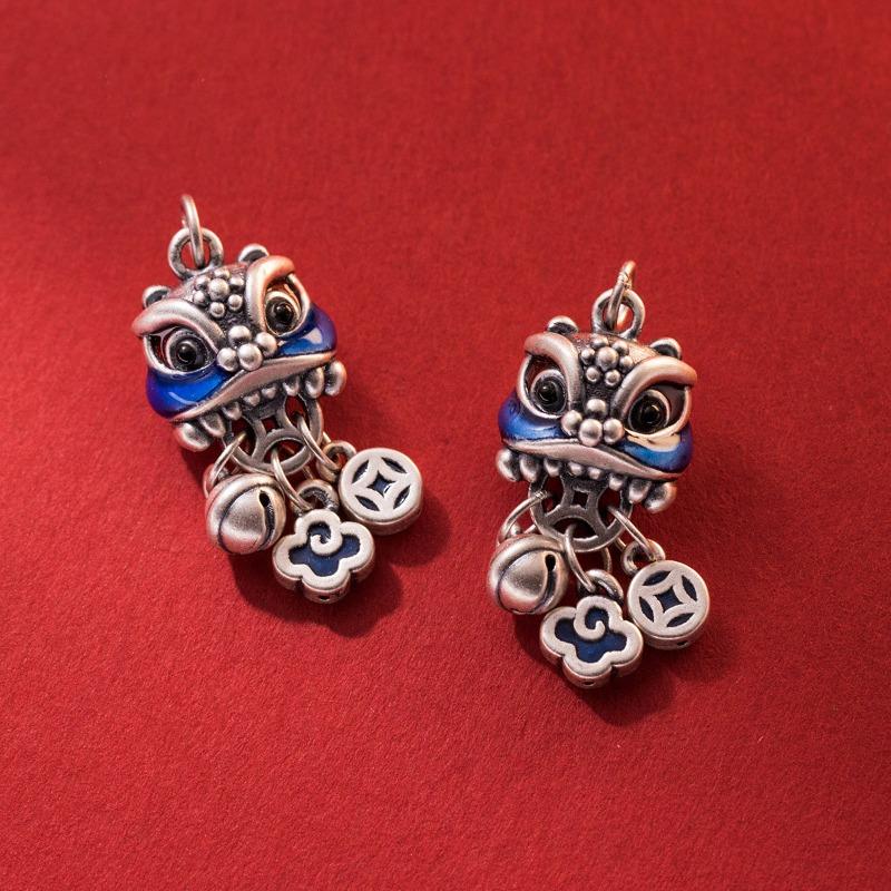 Синяя Милая Маленькая Подвеска Лев Танцующий Кисточка Ожерелье Китайский Стиль Дизайн Медной Монеты Банкетная Парная Бижутерия Подарок