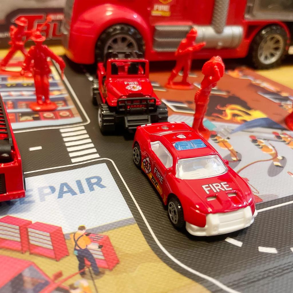 Carecoly Truck Fire Engine Miniature Car Large Storage Alloy Miniature Toy Vehicle with Fire Work Boys and Birthday 6 and Set, Set, Truck, Car, Map,
