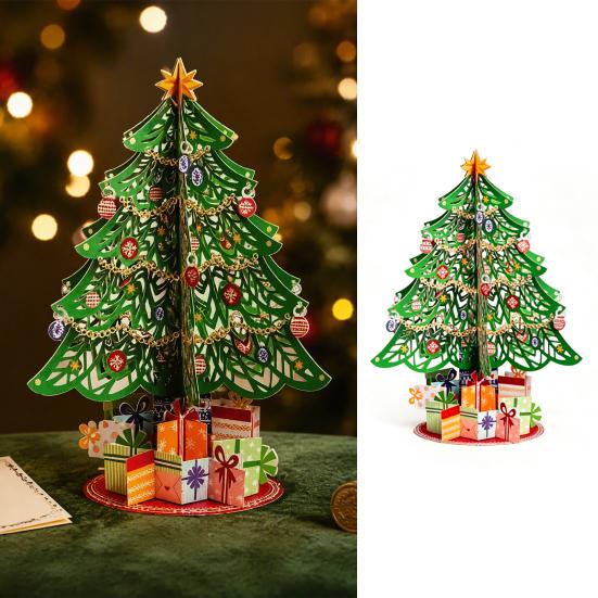 Christmas Atmosphere Home Decor 3D Puzzle Paper Tree Decoration, Holiday Desktop Ornaments Compact Xmas for Party with Star Topper And Gift