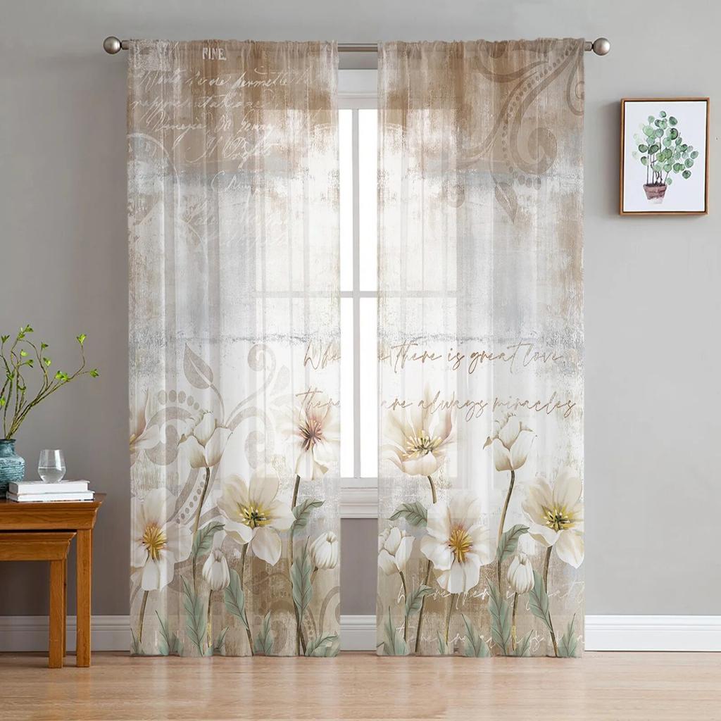 Flowers Retro Plants White Flowers Bedroom Transparent Sheer Curtains Holiday Decoration Window Voile Tulle Curtain