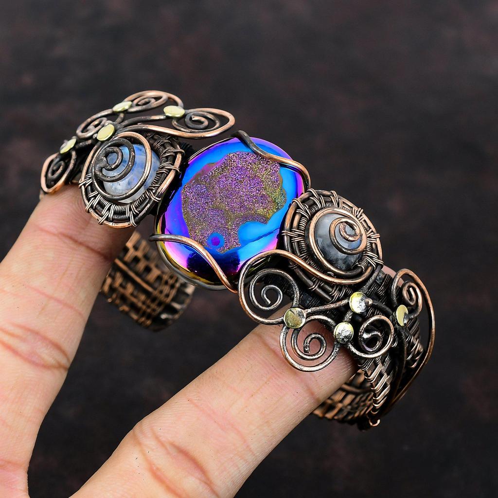 Титановый браслет-друзи, браслет-манжета из медной проволоки, браслет-манжета с радужным лунным камнем, драгоценный камень, медные украшения, регулируемый браслет ручной работы для подарков