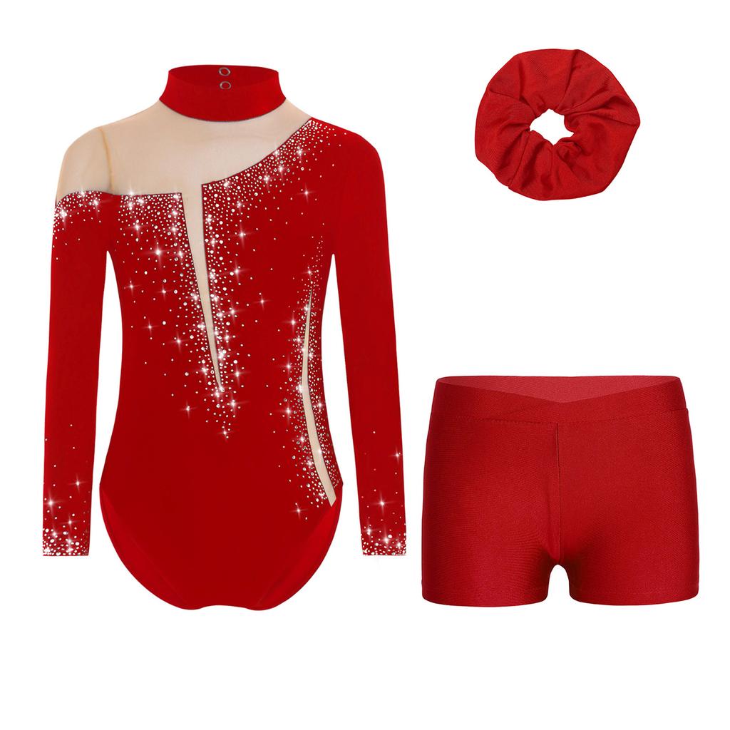 Girls Gymnastics Dance Outfit Set Long Sleeve Keyhole Back Sheer Mesh Patchwork Sparkly Leotard Shorts Hair Band