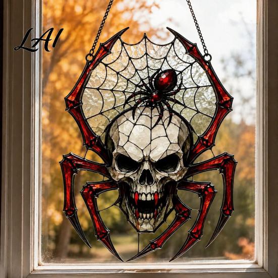 Tiffany Style Stained Glass Effect Halloween Wind Chime Skull Spider Suncatcher Double Side Printed Acrylic Window Haunted Tavern Soft Decor