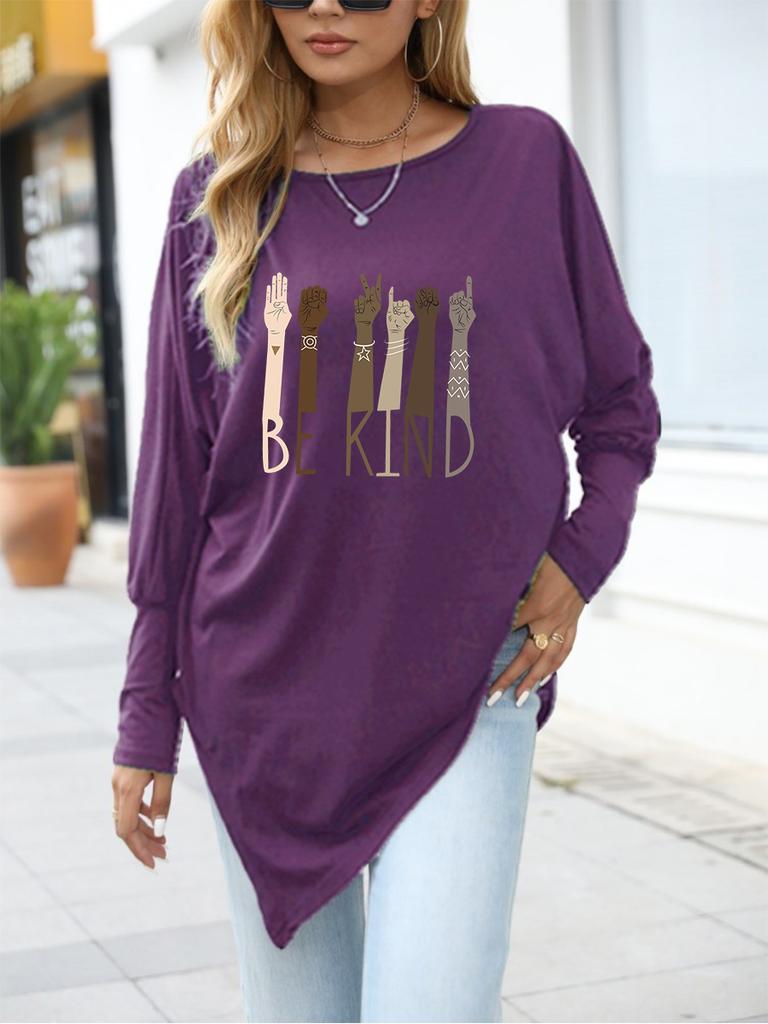 Women's Oversize Long-Sleeve Spring/Fall Asymmetrical Hem T-Shirt Fashion Printed Logn Sleeve Top