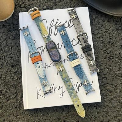 Для Xiaomi Smart Band 10 Модный женский холщовый + кожаный ремешок для часов Cowboy Cross-dye denim, совместимый с Xiaomi Mi Band 10/9/8