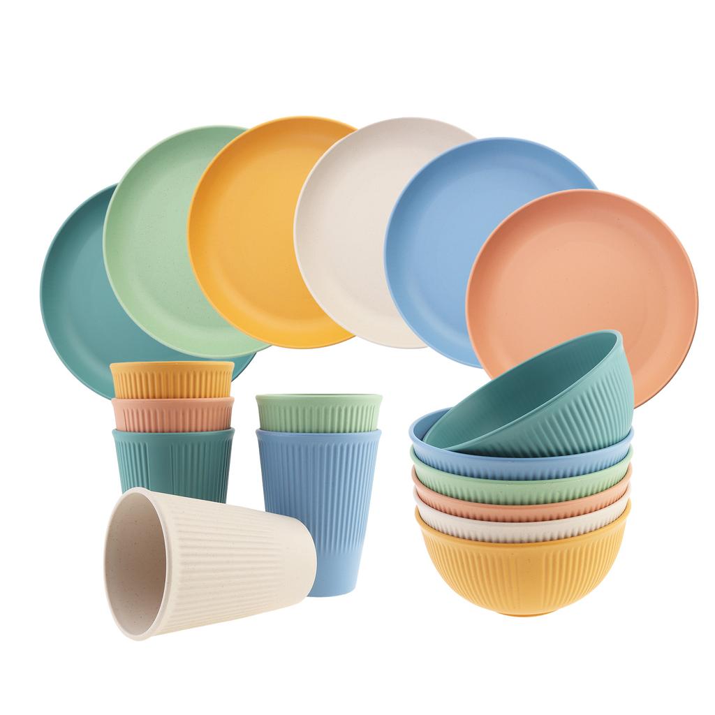 18 шт. Портативные дорожные пластиковые тарелки и миски, набор столовых приборов, вертикальные многоразовые наборы посуды для пикника, кемпинга, поездок, школы