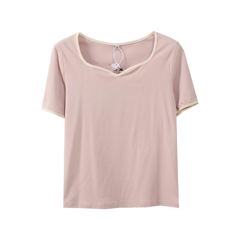Large size women's clothing design sense V-neck short-sleeved T-shirt spring and summer new front shoulder elastic top 121984
