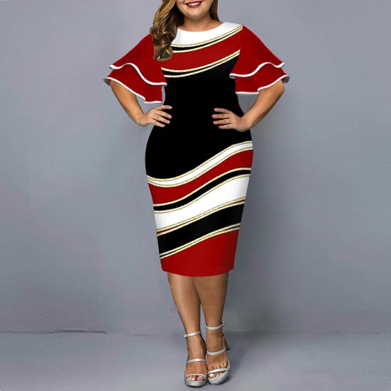 Женские нижние юбки размера плюс, женское облегающее платье с геометрическим принтом, многослойное платье с рукавами-колокольчиками, осеннее тонкое платье миди с круглым вырезом для свадьбы