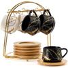 Ceramic Espresso Cups with Saucers and Metal Stand, Small 4 Oz Porcelain Demitasse Cups Set of 6, Cute Cappuccino Coffee