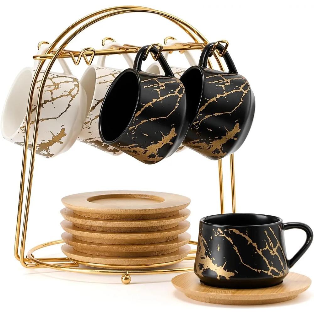 Ceramic Espresso Cups with Saucers and Metal Stand, Small 4 Oz Porcelain Demitasse Cups Set of 6, Cute Cappuccino Coffee