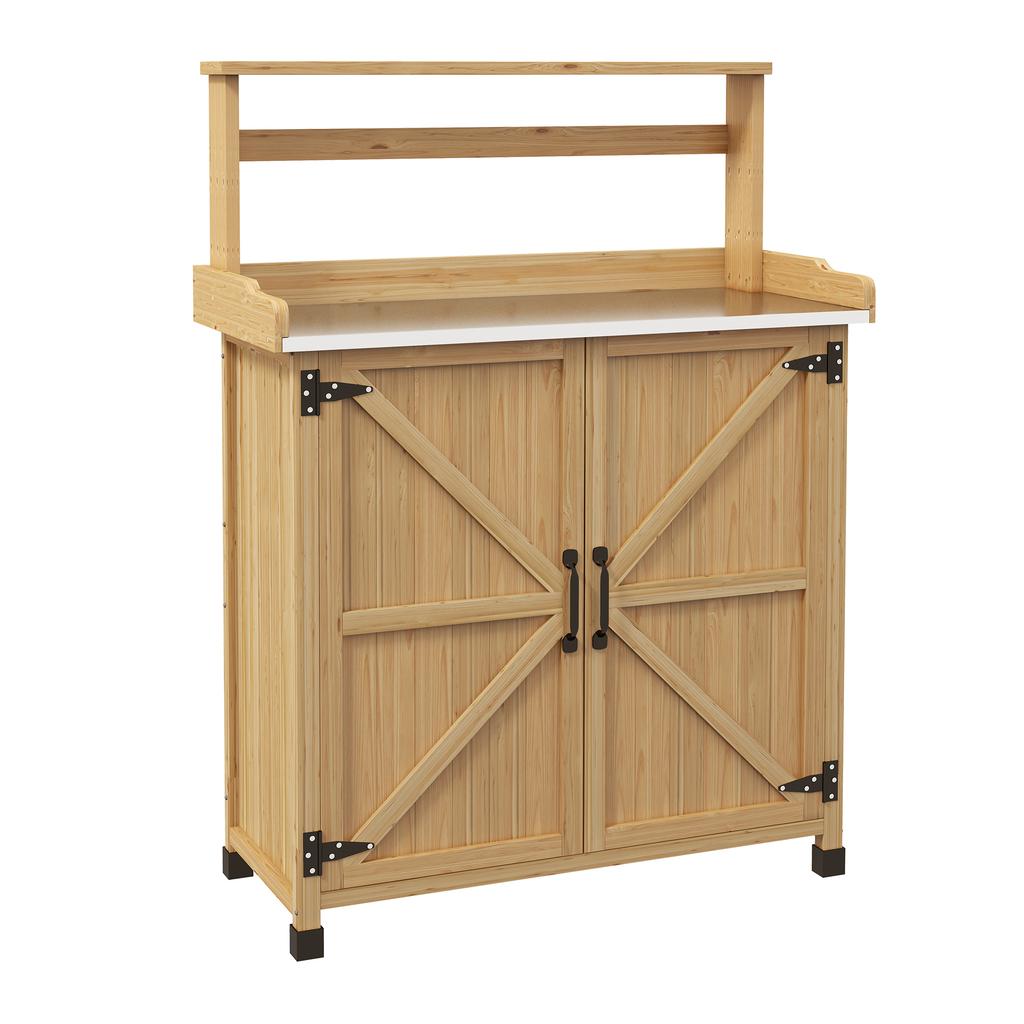 Potting Table Gardening Table with Cupboard and Shelves and Top Non-Slip Pads in Fir Wood Yellow