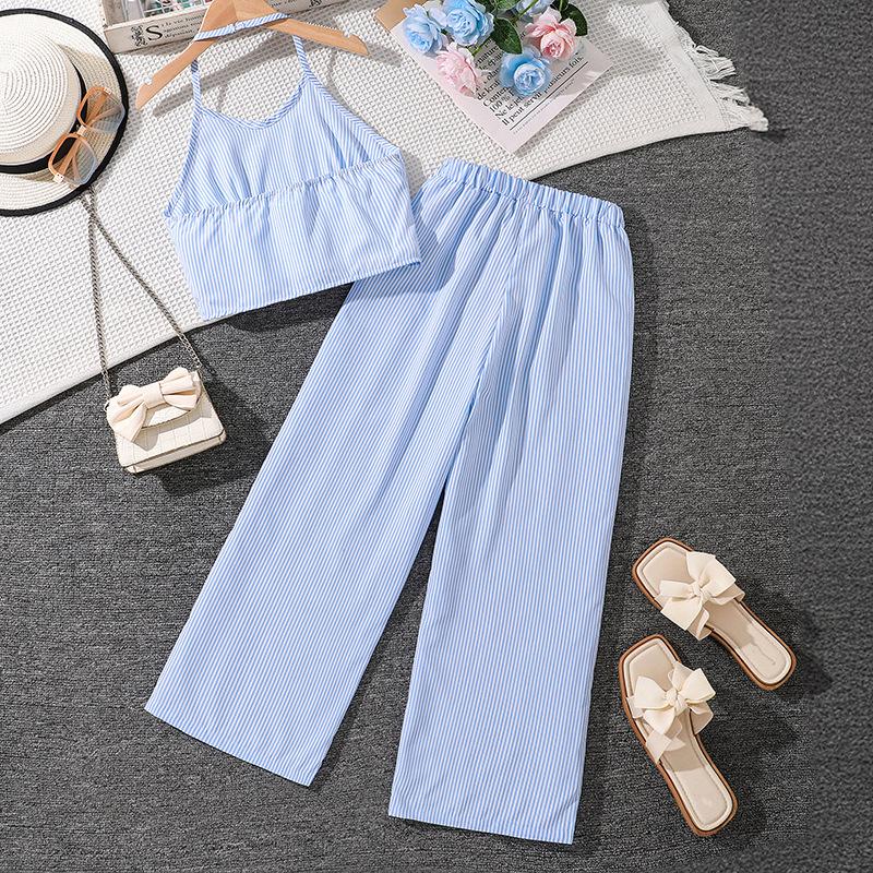 Костюм для девочки Детская одежда 6-12 лет Детский летний новый полосатый жилет + повседневные брюки костюм