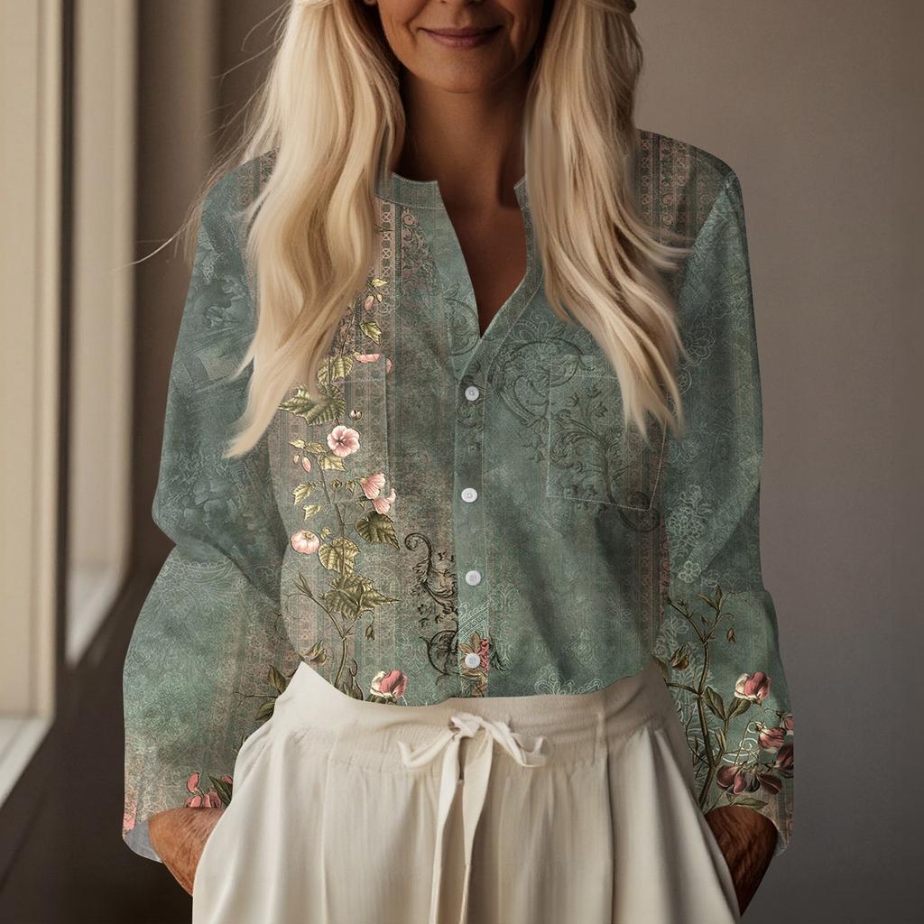 Women Cotton Linen Tops Long-sleeved Shirts Loose V-Neck Boho Tees Vintage Blouses