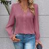 Women's Fashion Casual Spring Fall Solid Color Print Long Sleeve V-Neck Blouses & Shirts