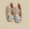 Модные Мягкие Серебристые Туфли Мэри Джейн Лето Новые Французские С мелким вырезом Ретро Квадратный носок Плоские Однослойные Туфли