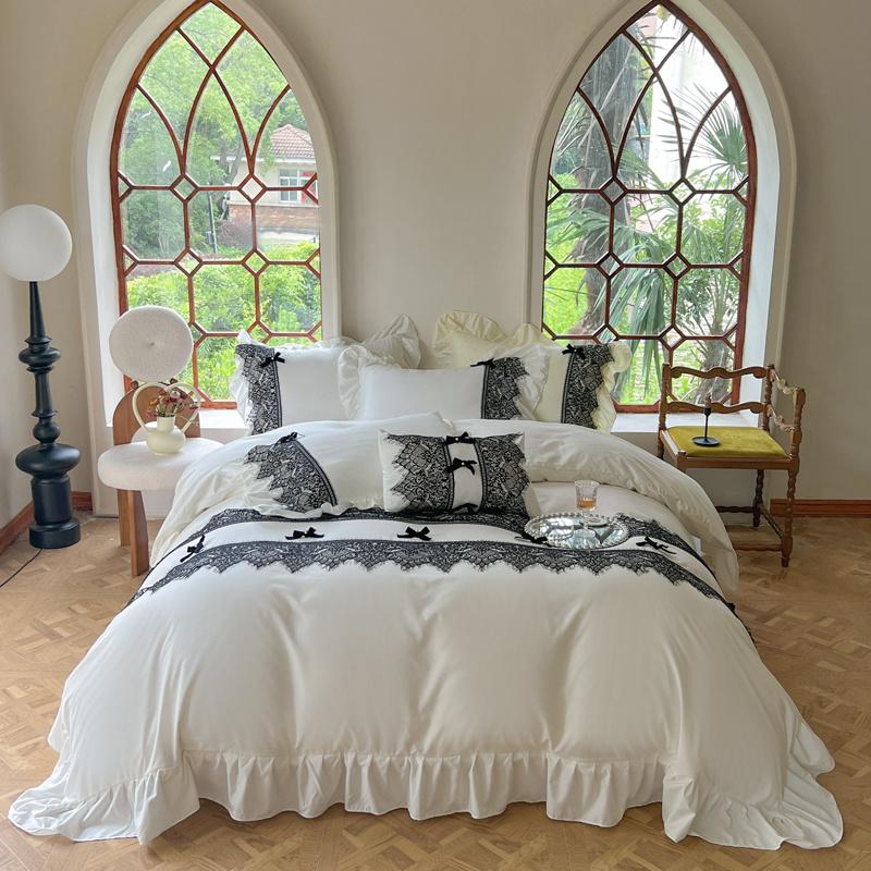 Vintage French Black Lace Ruffles Bedding Set Solid Color Duvet Cover Set Flat/Fitted Bed Sheet Pillowcases With Pillowcases