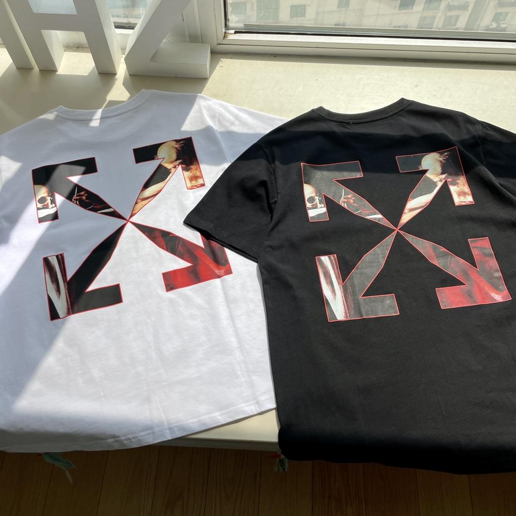 Off-White Лето 2025 года, новинка, классическая религиозная картина маслом Караваджо с принтом стрелы, классическая футболка с короткими рукавами для мужчин и женщин