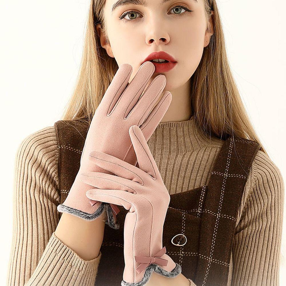 Bowknot Plush Driving Gloves Anti-slip Outdoor Riding Mittens Elasticity Soft Gloves Motorcycle