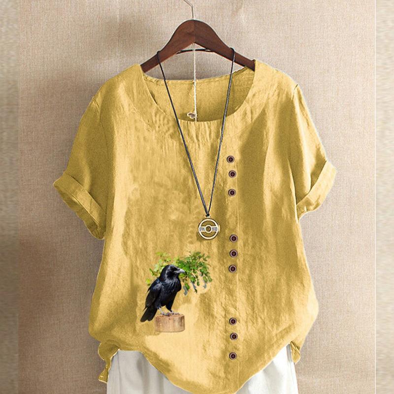 Women's Fashion Crow Prined Round Neck Short Sleeve T-shirt Casual Cotton Linen Graphic Shirt Leisure Loose Summer Blouse Tops