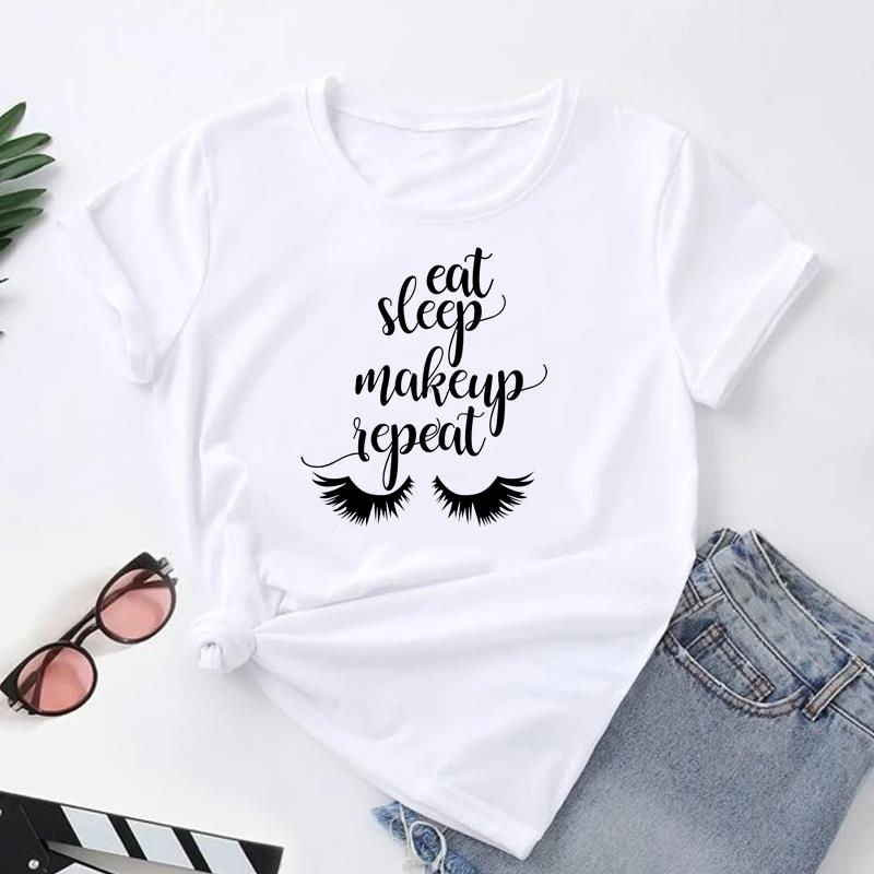 (Asian Size) Women Print Tee Top Fashion Eye Lashes Style Cute Trend 90s T Shirt Woman Female Clothing Short Sleeve Graphic T-shirts