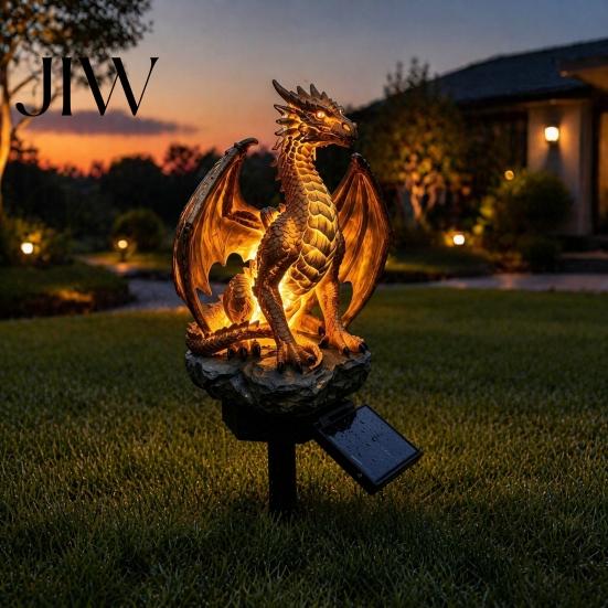 Unique Halloween Yard Ornaments Dragon Solar Garden Light, Outdoor Gothic Medieval Statue Lamp, Waterproof Decorative Porch Light Fixtures Resin