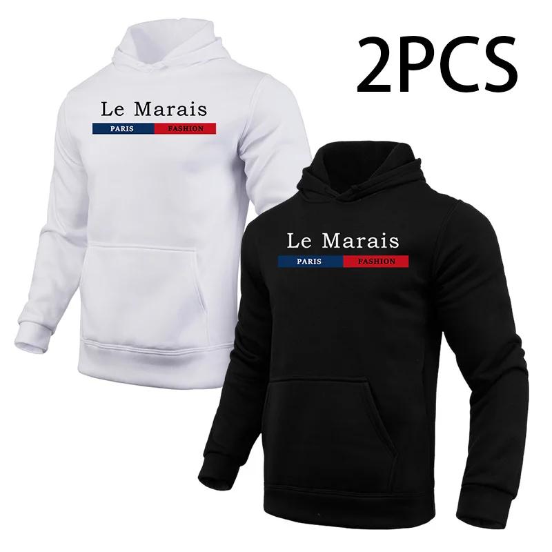 2pcs Hoodies Male Autumn Winter Hooded Long Sleeve Pullover Urban Casual Fashion Hoody Top Home Outdoor Comfort Warm Sweatshirts