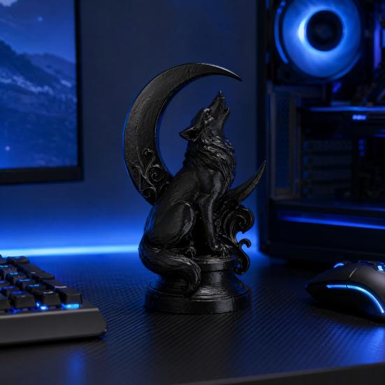 3D-печатная скульптура воющего волка на основании в виде полумесяца, матовое черное покрытие, коллекционное искусство, готическая черная статуэтка для книжной полки, стола
