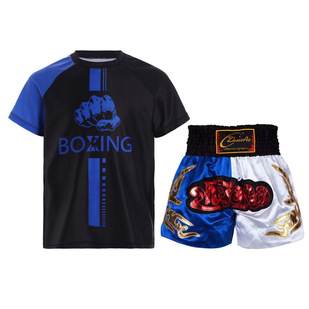 Boys Boxer Training Set Color Block Patchwork T Shirt Round Neck Short Sleeve Athletic Top Boxing Shorts