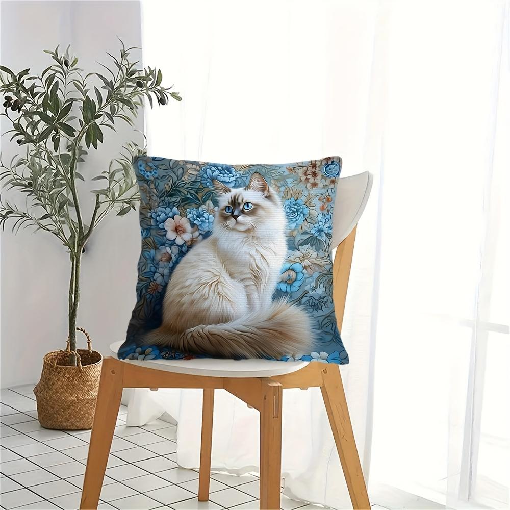 Ragdoll Cat Floral Throw Pillow Cover Blue Vintage Botanical Decorative Pillow Case For Cat Lovers