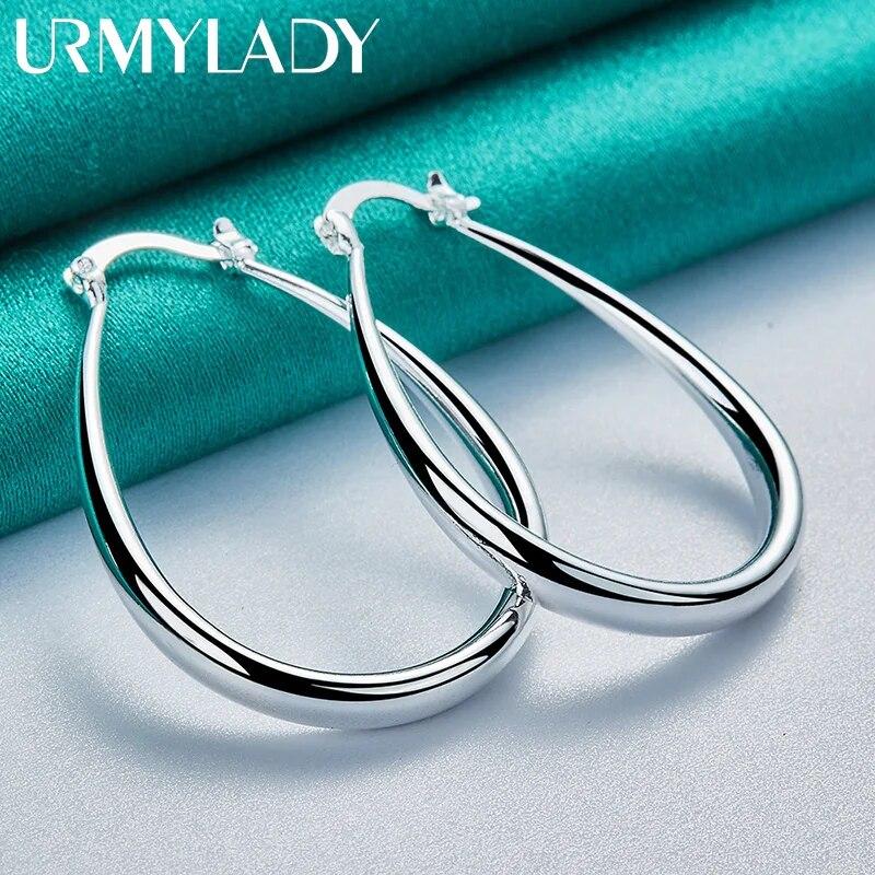 URMYLADY стерлингового серебра 925 пробы овальные гладкие серьги-петли для женщин модные свадебные обручальные очаровательные ювелирные изделия