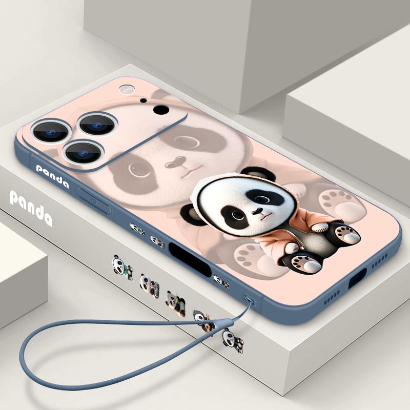 Чехол для iPhone 17 Pro Max Оранжевый Пальто Узор Панда Мягкий Силиконовый Чехол с Шнурком Для iPhone 16 Pro Max Чехол iPhone 15 14 13 12 11 16E Air