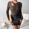 Новая женская леопардовая футболка с вырезом и круглым вырезом, облегающая, с длинным рукавом, топ для женщин