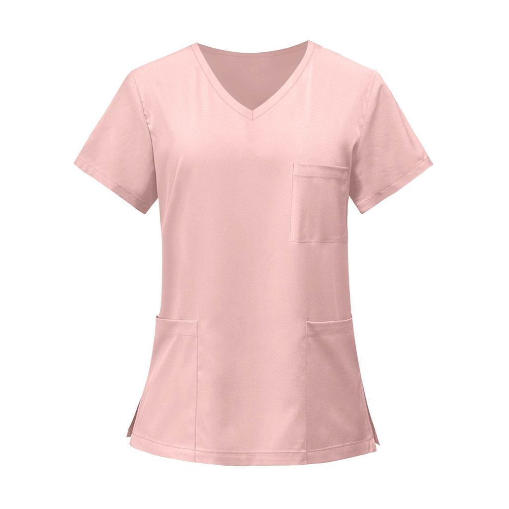 Women's Fashion Solid Short Sleeve V Neck Pattern Tops Pocket Working T-shirts