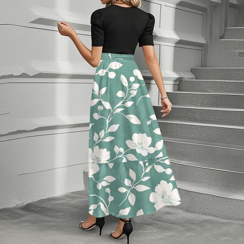 Женское элегантное модное повседневное платье с цветочным принтом и поясом, короткими рукавами и круглым вырезом