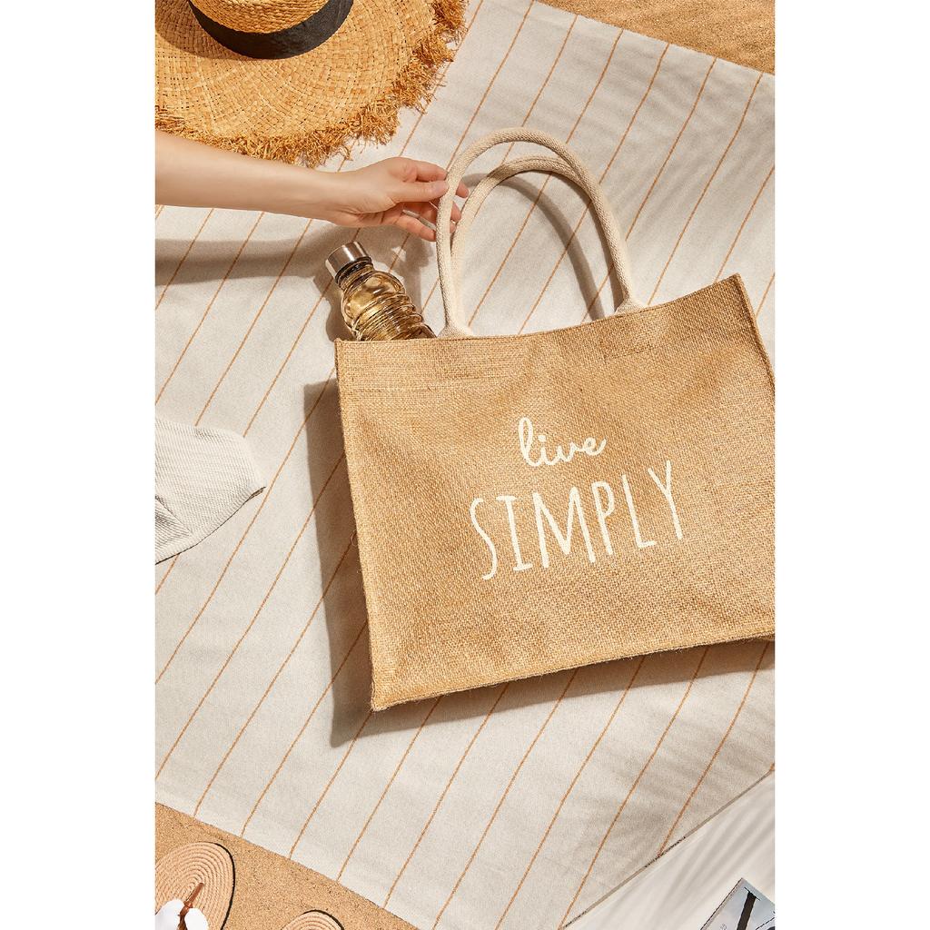 Пляжная сумка через плечо с ручкой для покупок из натурального джута Live Simple с принтом 42x35x12