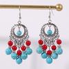 Turquoise Simulation Ethnic Beaded Earrings With Silver Filigree For Wear Daily