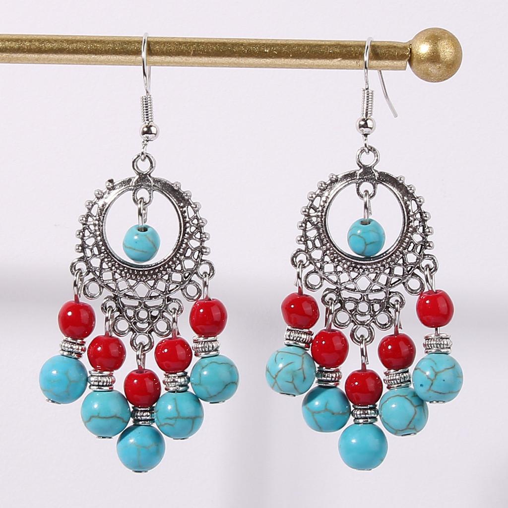 Ethnic Turquoise Simulation Beaded Earrings With Silver Filigree For Wear Daily