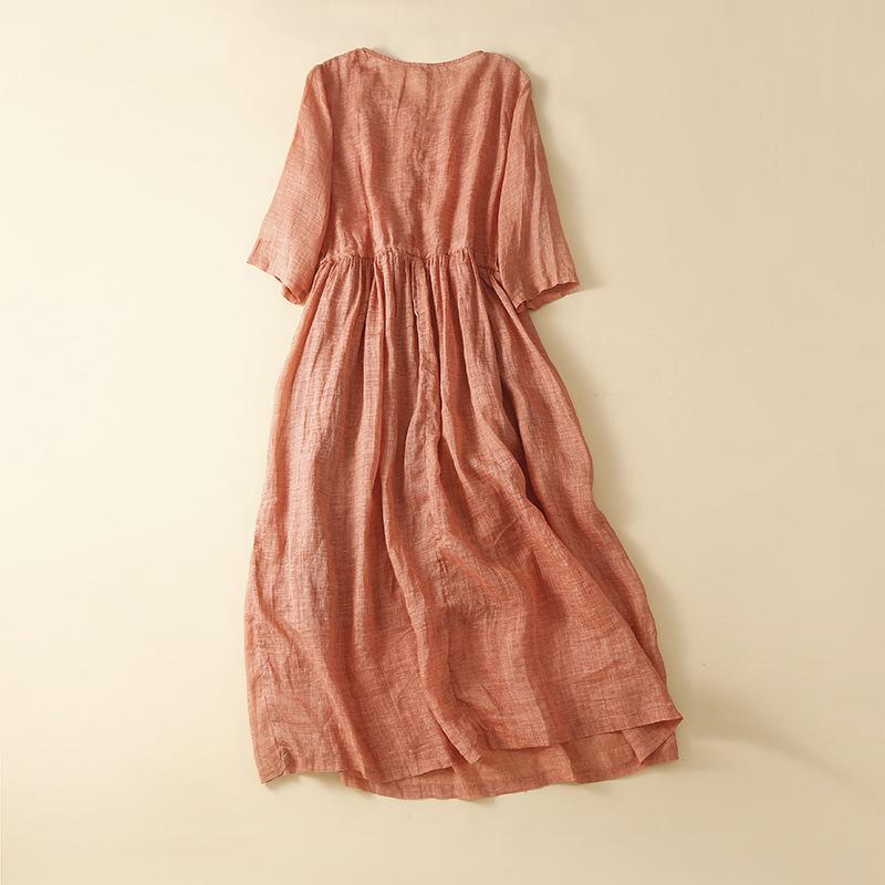 2025 лето новое хлопковое и льняное свободное платье с рукавами пять четвертей, средней и длинной круглой горловиной, вышитое женское платье