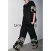 round Neck Short sleeve Linen Blend Embroidered Top 2731105 Mid Waist Wide Leg Casual Trousers 2731104