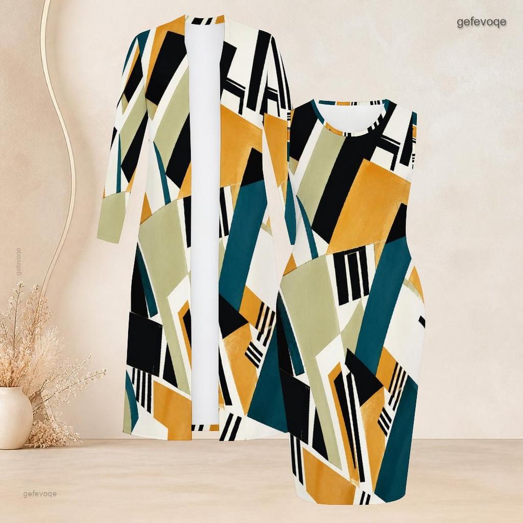 Women Plus Size Printed Two Piece Set Long Sleeve Open Front Long Cardigan Sleeveless Bodycon Dress