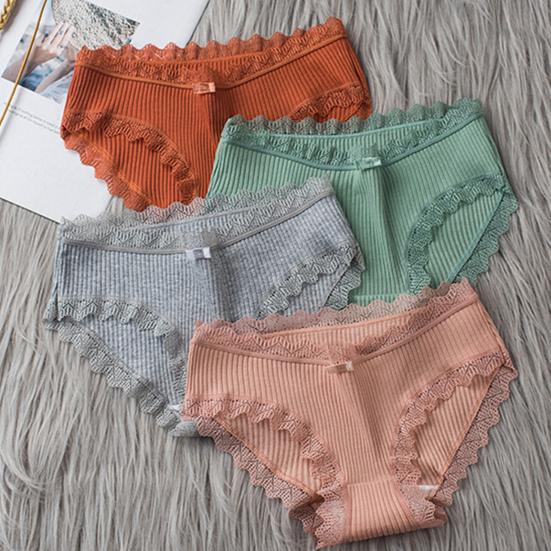 Women Underpants Thread Mid Waist Lace Edge Solid Color Elastic Cotton Crotch Moisture-wicking Stretchy