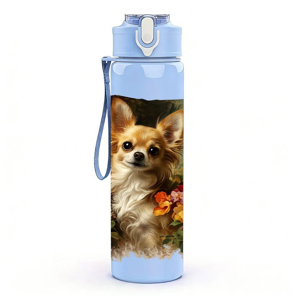 1PC Corgi Dog Rose Flower Pillow Print 750ml Color Plastic Sports Water Bottle Leakproof Flip Straw Lid Suitable for Sports Office Home Use